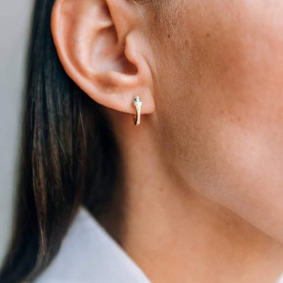 Dainty Tiny Serpent Hoop Earrings with Emerald Simulant CZ Stones NEW Stamped925 - Picture 4 of 7